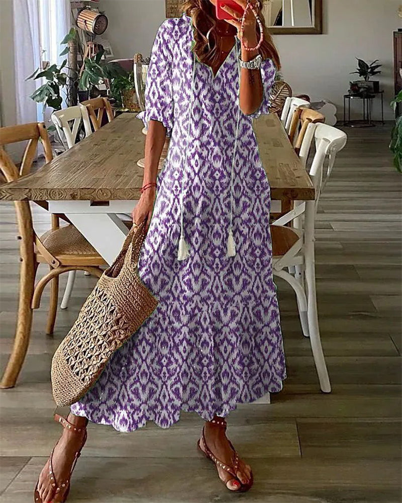 Dam Maxiklänning Boho V-ringning med Tassel Band i Lätt Material-6
