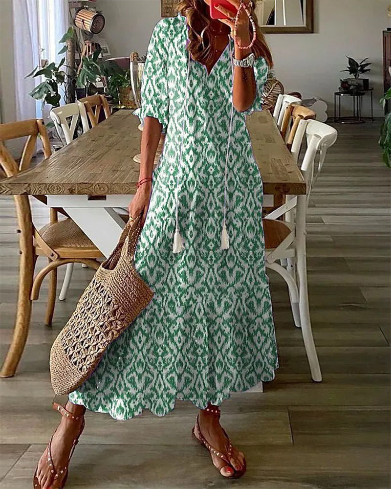 Dam Maxiklänning Boho V-ringning med Tassel Band i Lätt Material-5