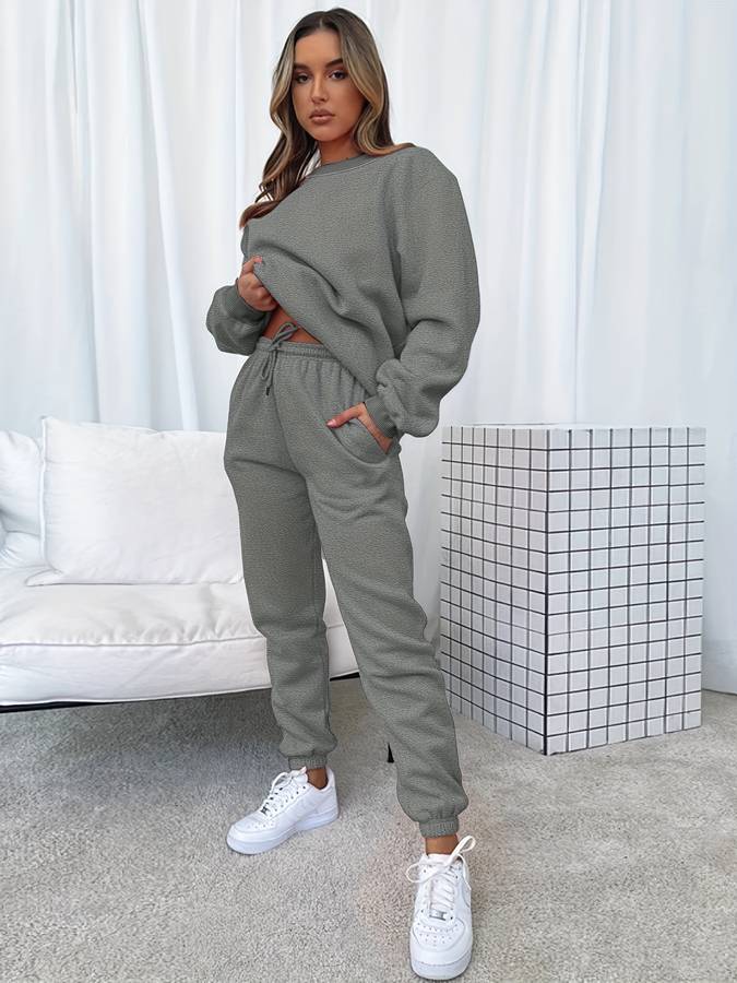 Tvådelat Jogging Set för Dam, Överdimensionerad Polyester, Långärmad Tröja och Medelhöga Byxor 6