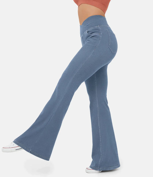 Hög Midja Jeans Dam med Korsat Förbund â Mjuk Bomull, Flexibel Passform, Praktiska Fickor, Storlekar S-XL 1