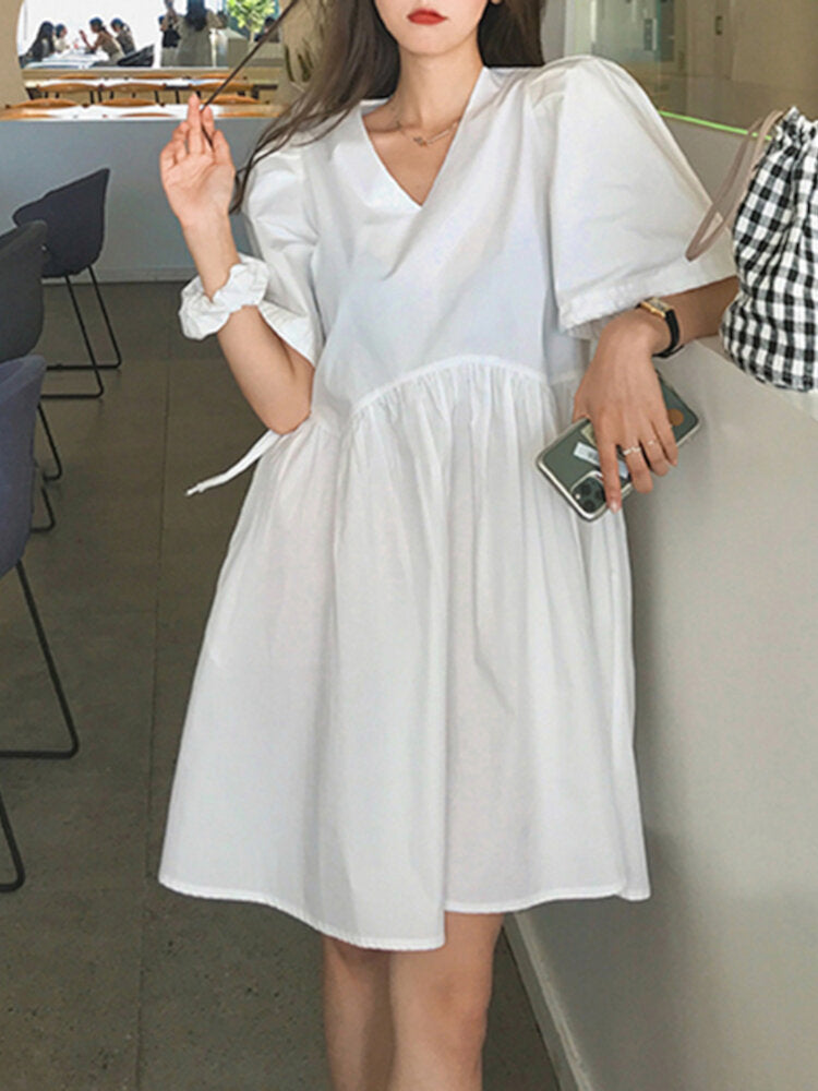 Fina Dam Klänningar Midi Puffärmar V-ringad Polyester-2