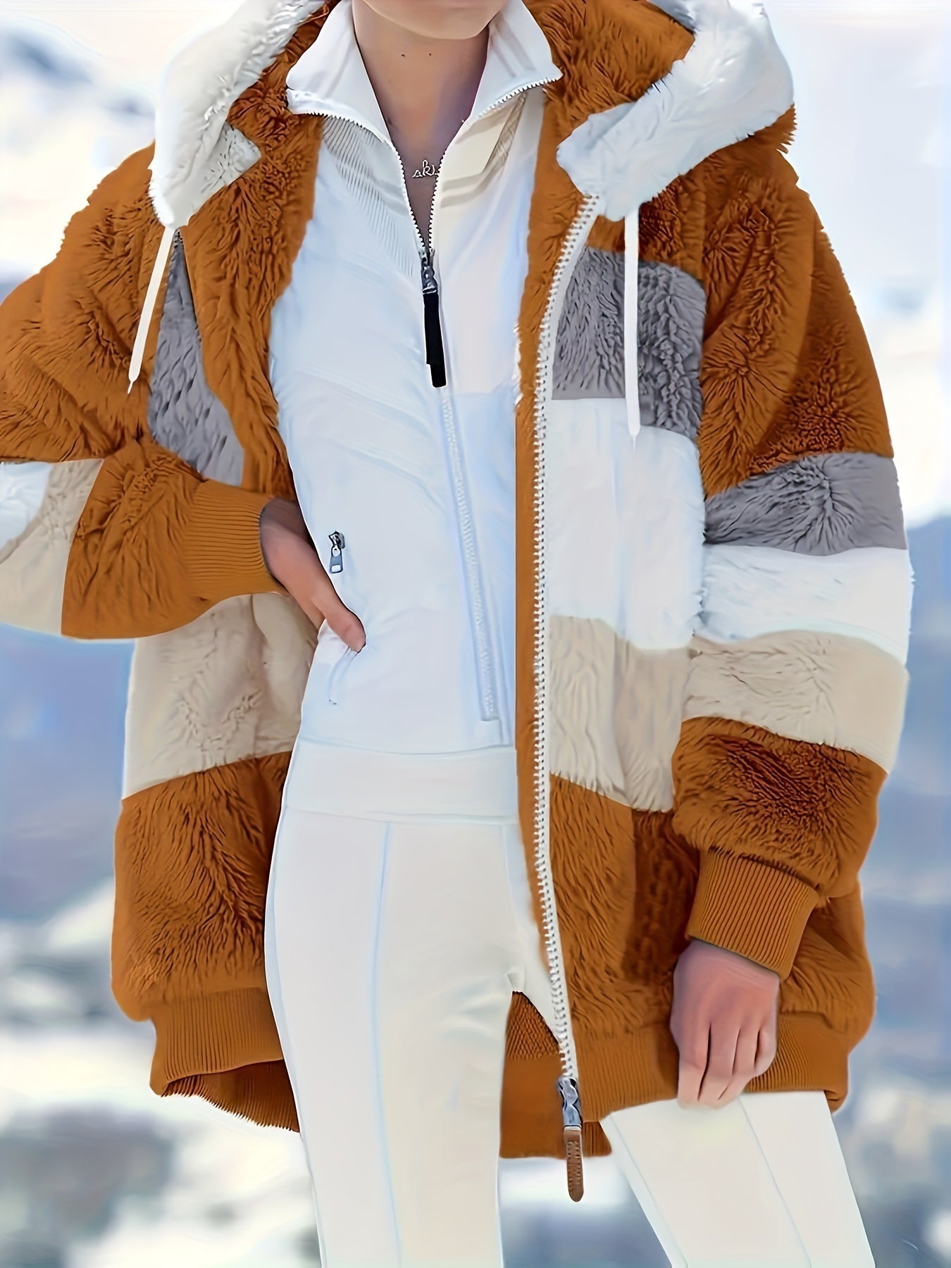 Dam Lång Teddyjacka Färgblockad Teddyfleece med Huva och Fickor 12