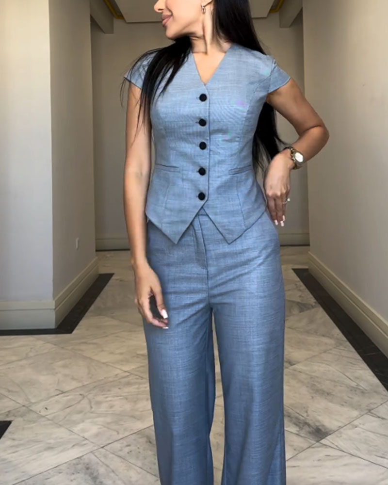 Dam Linnblus och Byxor Set Elegant Linne för Sommarkläder-2