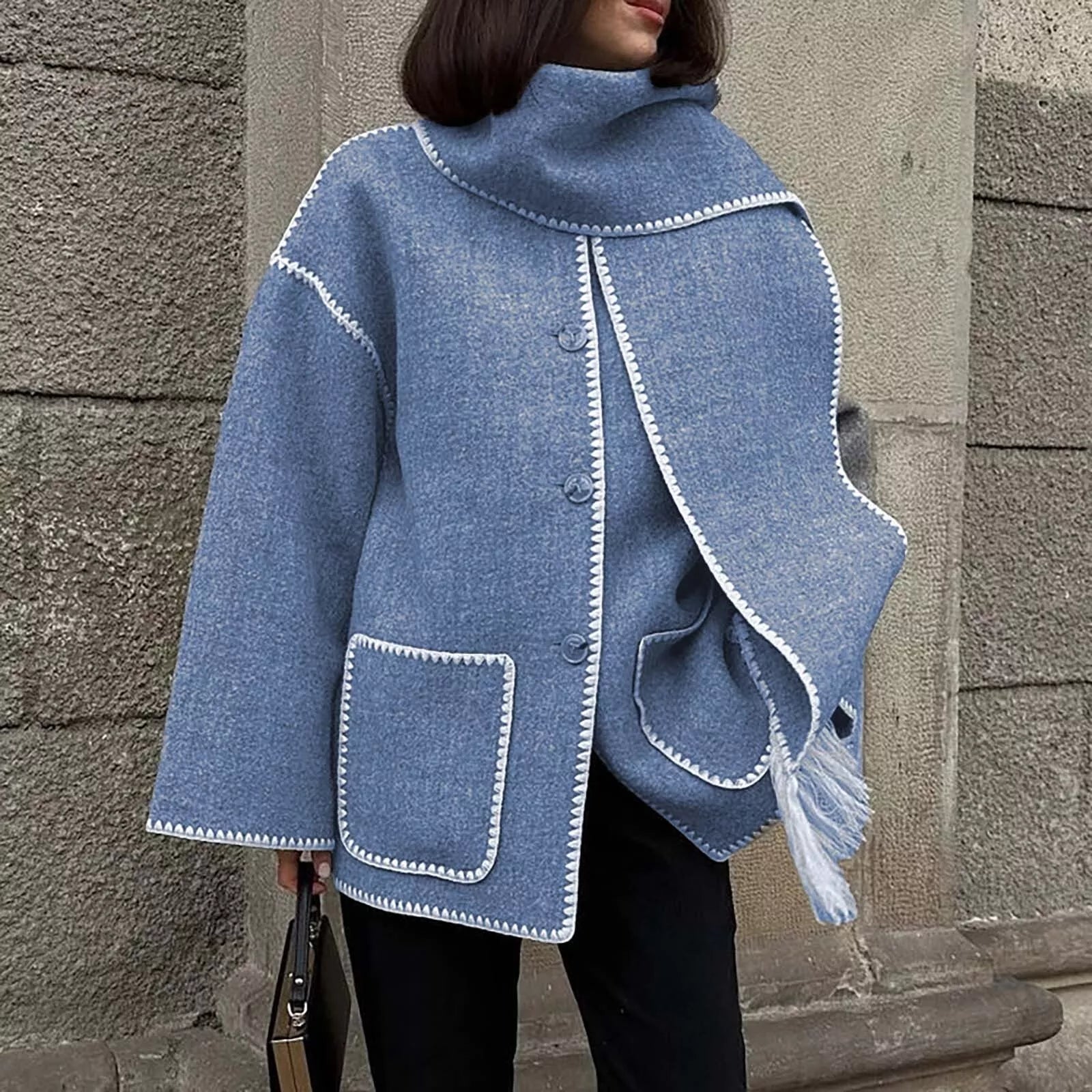 Dam Kappa Överdimensionerad Vinterrock med Kuvertkrage i Ullblandning-4