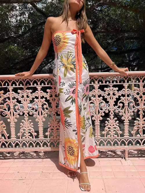 Stropplös Maxiklänning Dam med Blommönster – Elegant och Flödande Polyester för Sommarfester 1