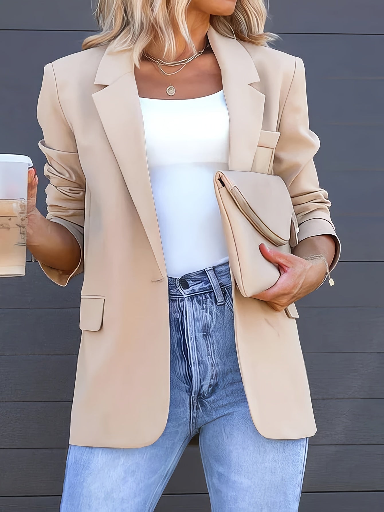 Dam Blazer Reversibel Krage 100% Polyester Casual Lång Ärmar-1