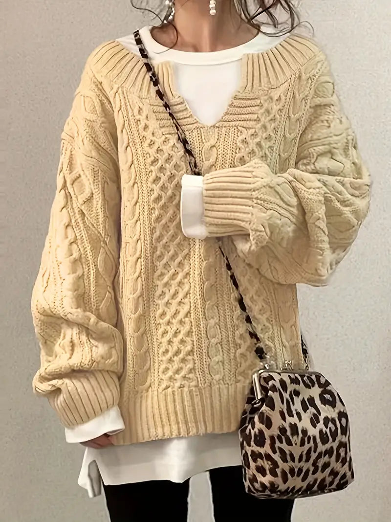 Variant image for Stickad Dam Tröja V-ringad Kabelmönster Mjuk Akrylblandning-16