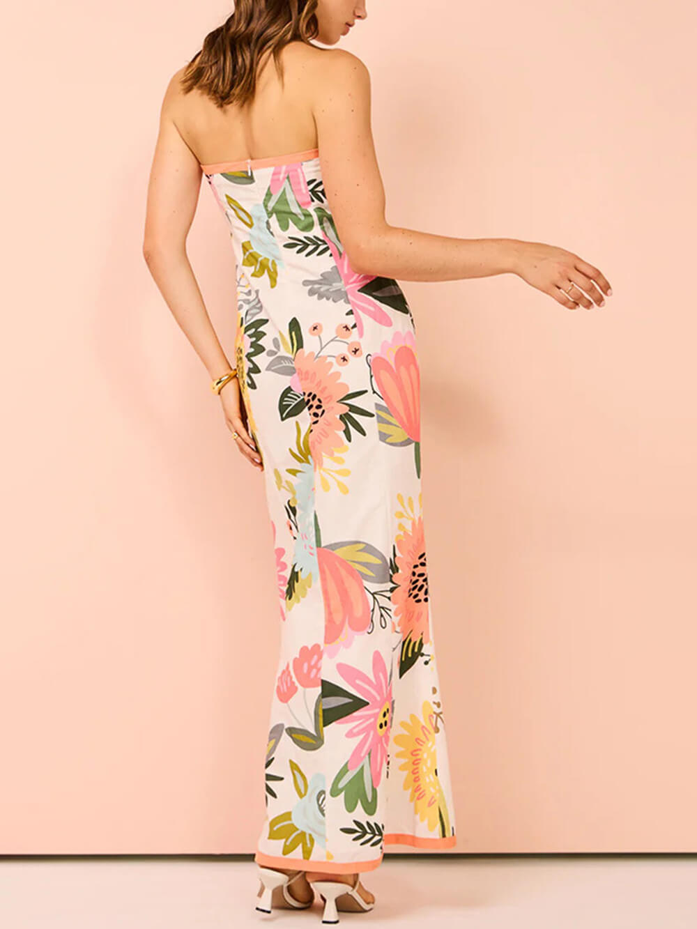 Stropplös Maxiklänning Dam med Blommönster – Elegant och Flödande Polyester för Sommarfester 4