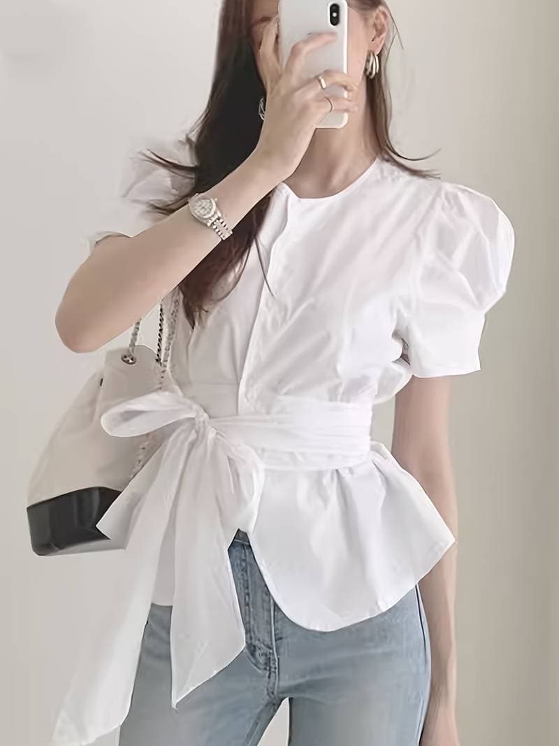 Elegant Blus Dam med Puffiga Ärmar i Bomullsblandning – Smickrande Passform för Formella och Avslappnade Tillfällen 5