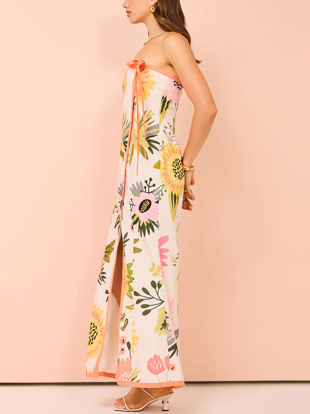 Stropplös Maxiklänning Dam med Blommönster – Elegant och Flödande Polyester för Sommarfester 3