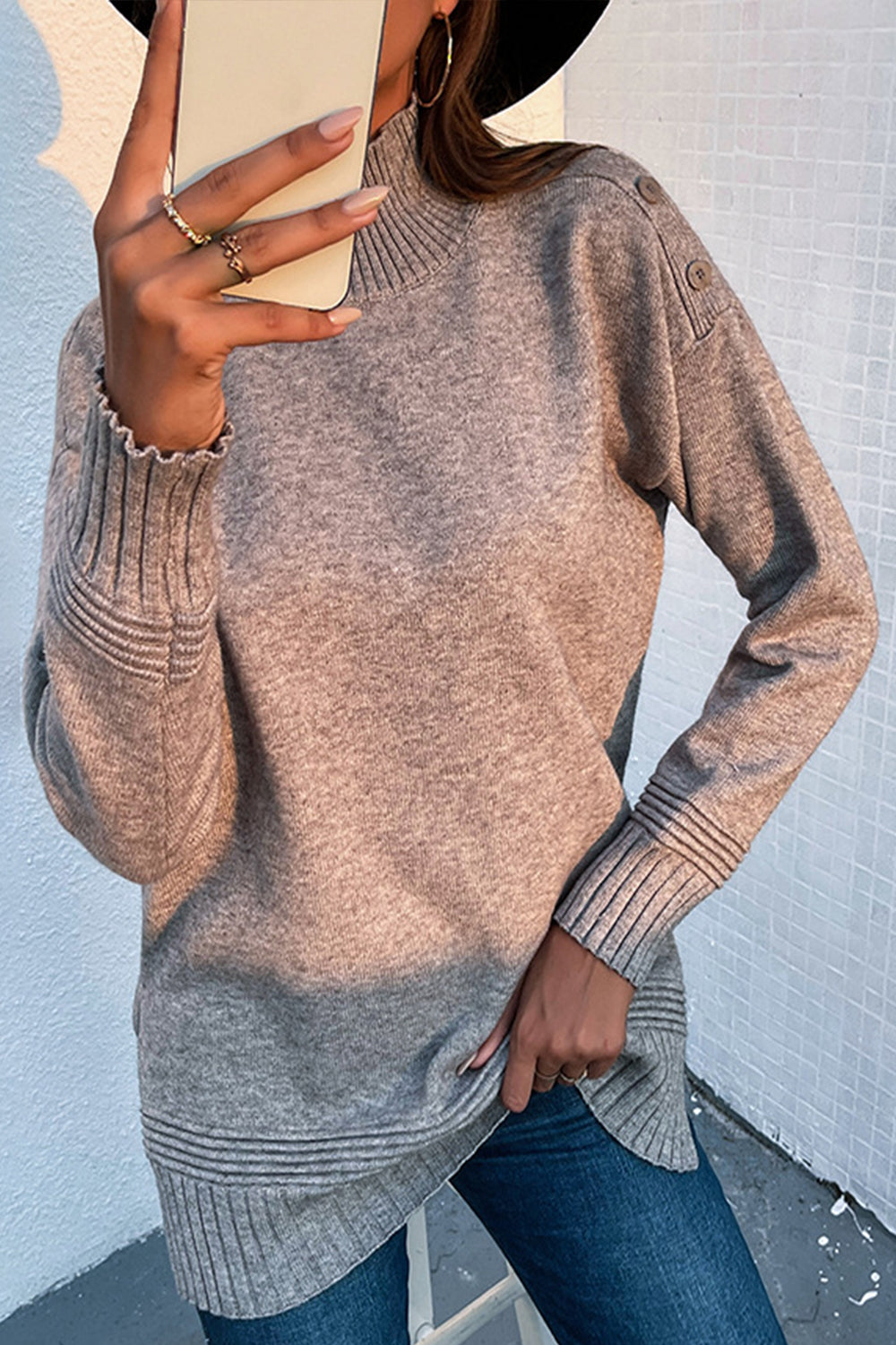 Stickad Dam Tröja Med Stativkrage Polyester Lång Ärmar 3