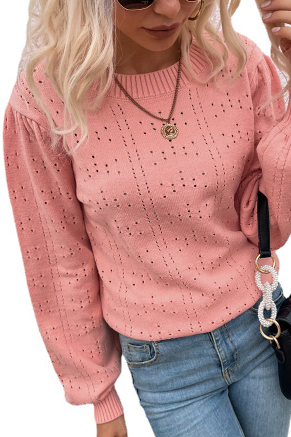 Stickad Dam Tröja Långa Ärmar Rundhals Polyester-6