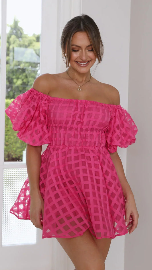 Kvinnors Miniklänning med Puffärmar i Mjuk Väv-1