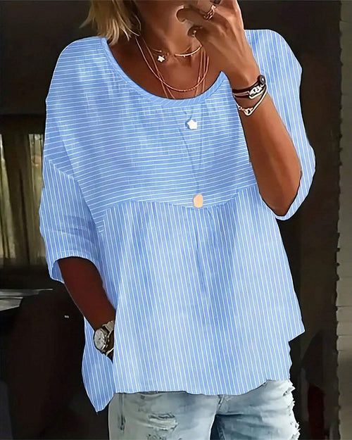 Dam Blus Löst Passformad Randig Bomullsblandning-1