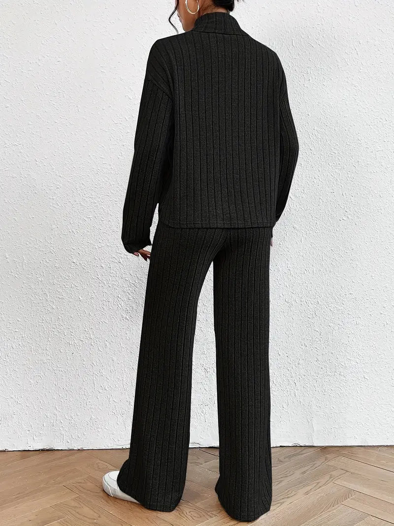 Kvinnors 2-delad Dräkt Ribbad Turtleneck Mjuk Elastisk Material 3