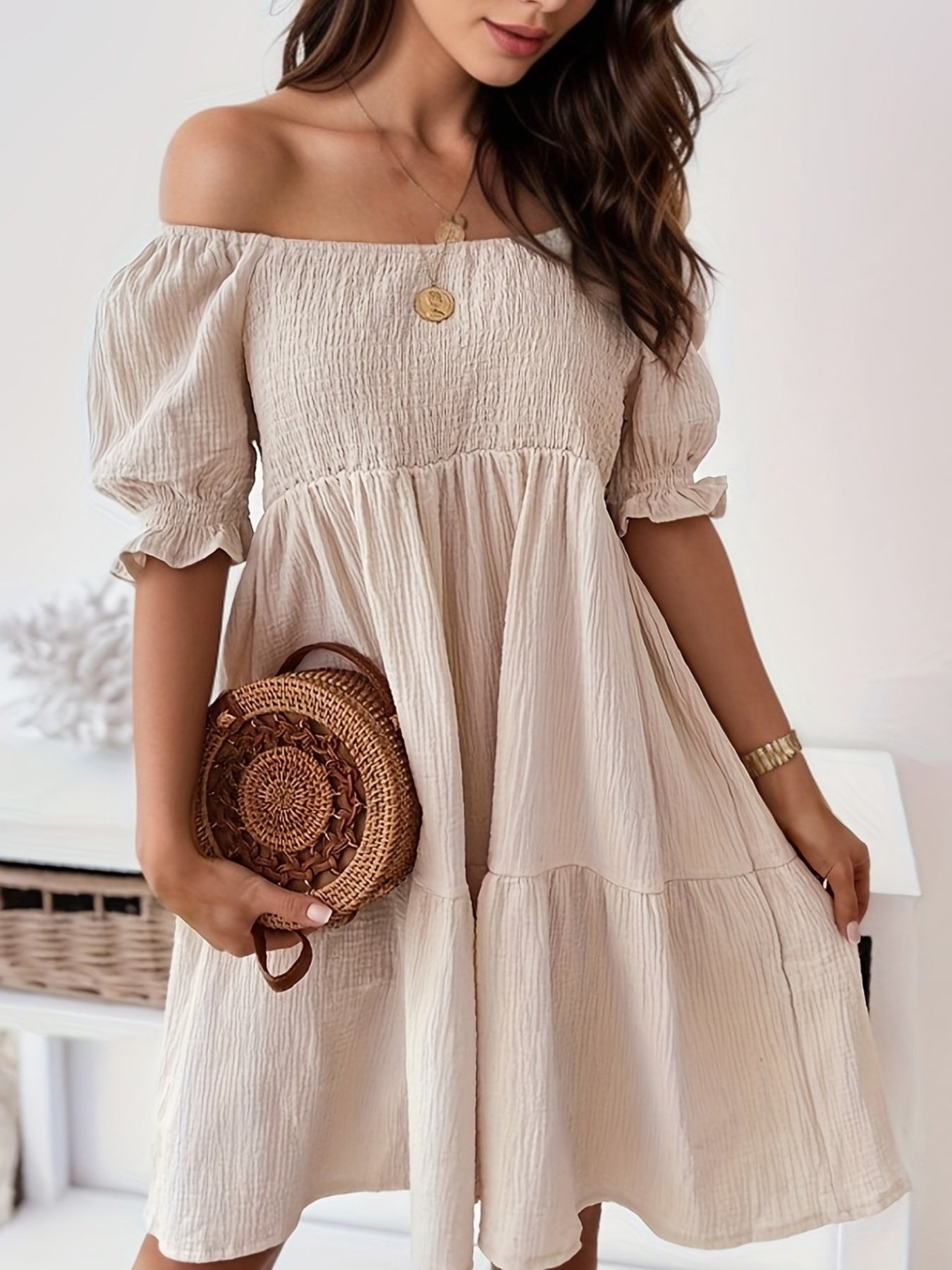 Variant image for Kvinnor Smockad Klänning Avslappnad Design Högkvalitativt Tyg-11