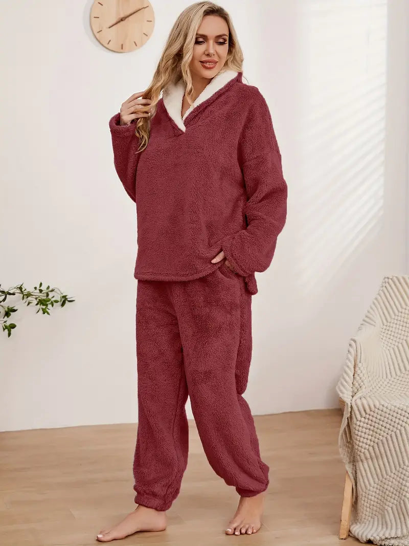 Dam Loungewear Set V-Ringad Thermoflanell Avslappnad Passform 12