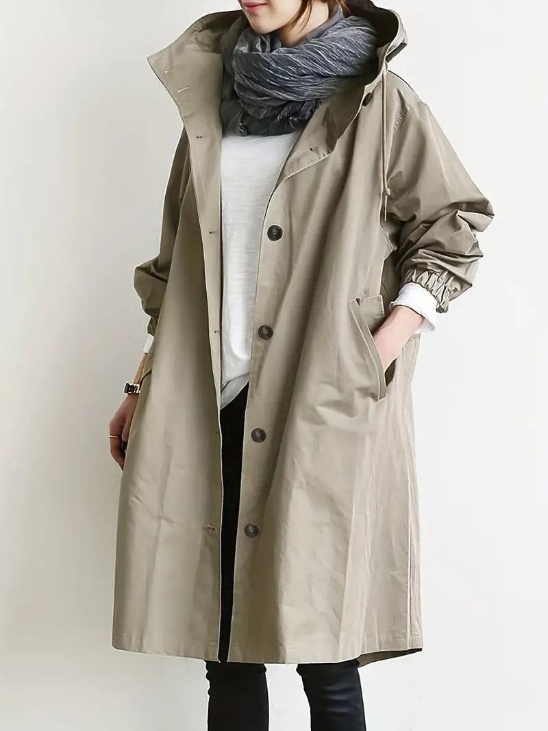Lång Trenchcoat Dam med Huva och Justerbar Dragsko i Högkvalitativ Polyester-1