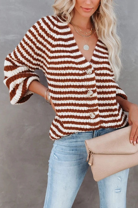 Kvinna Lång Kofta V-hals Randig Polyester Cardigan-6