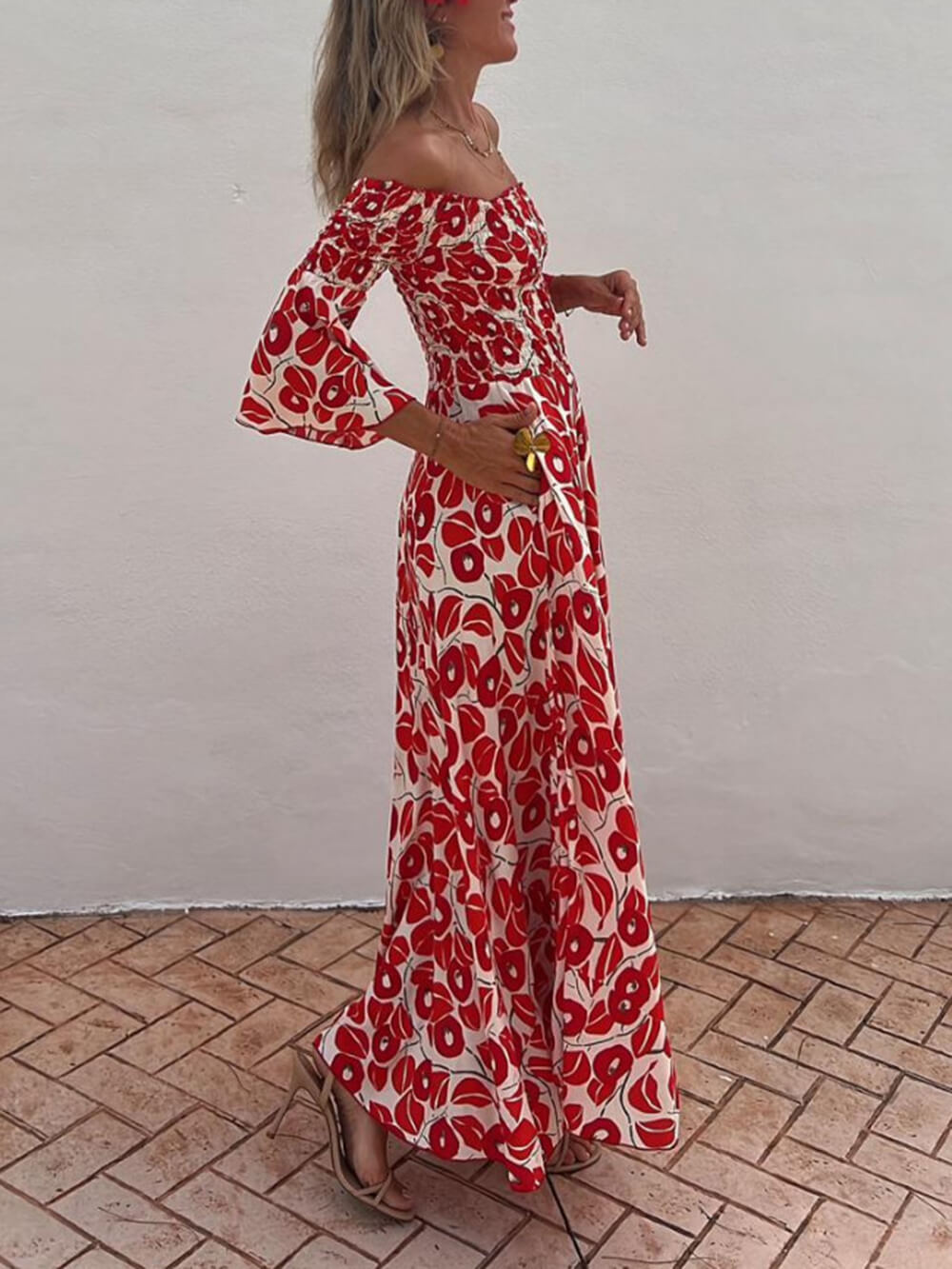Maxiklänning Dam Off-Shoulder Blommig Lätt Material för Sommar-4