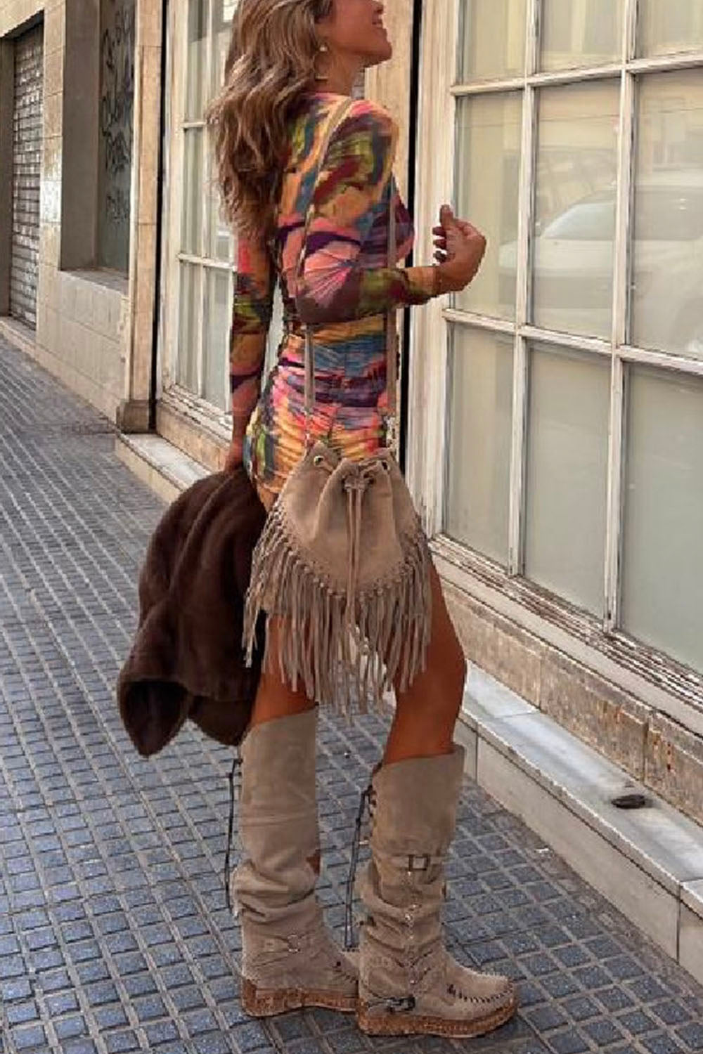 Damklänning Långärmad Tryckt Stretch Miniklänning-5