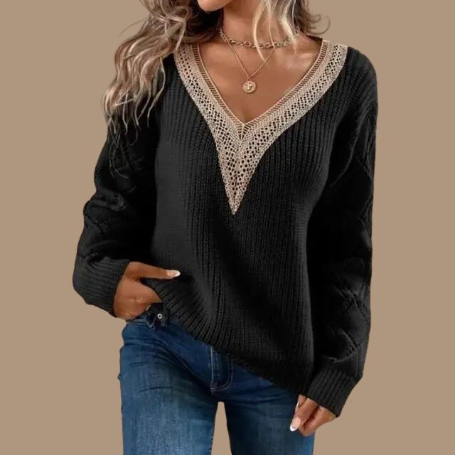 Variant image for Dam Stickad Tröja V-Hals med Spetsdetaljer i Akryl-11