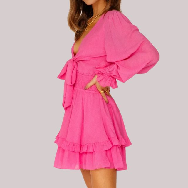 Dam Wrap Klänning med Ruffles och Djup V-hals i Polyester-5