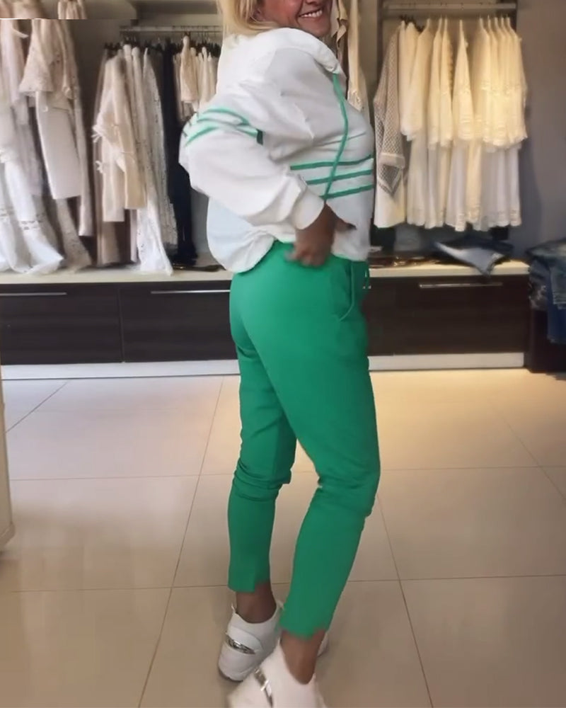 Dam Byxuppsättning Randiga Byxor Huvajacka 100% Bomull-3