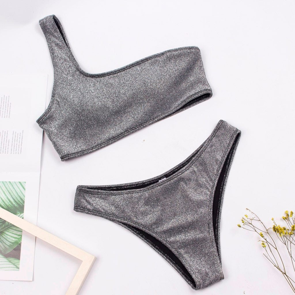 Baddräkt Dam Monospalla Djup V-ringning Glitter Högkvalitativt Tyg-4