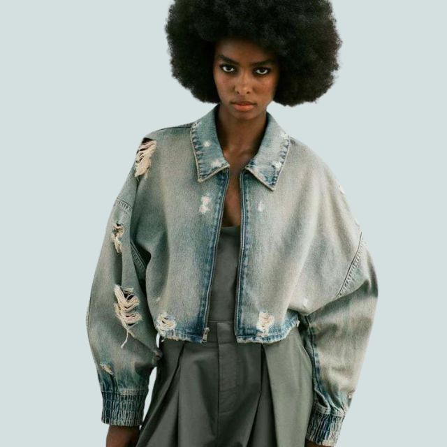 Dam Kort Denimjacka Avslappnad Denim-1