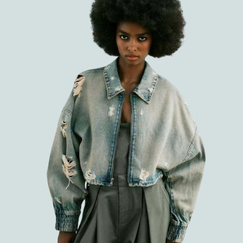 Dam Kort Denimjacka Avslappnad Denim-1