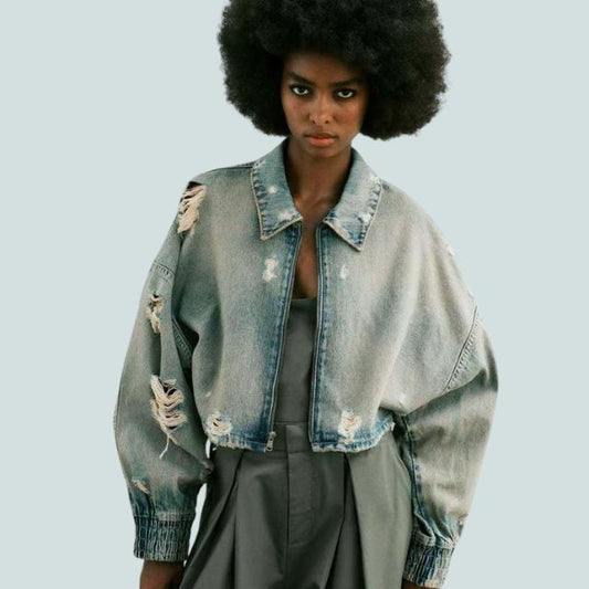 Dam Kort Denimjacka Avslappnad Denim-1