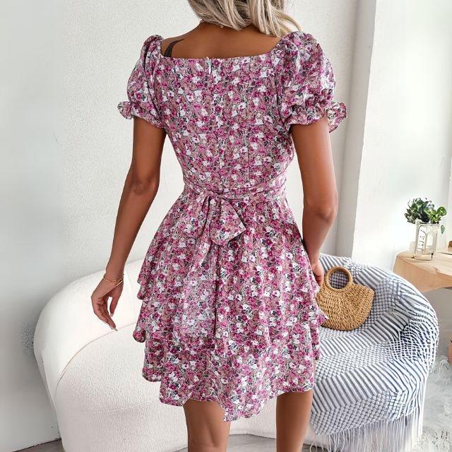 Dam A-linjeformad Klänning Hjärthalsring Blommönster Mjuk Tygblandning 4