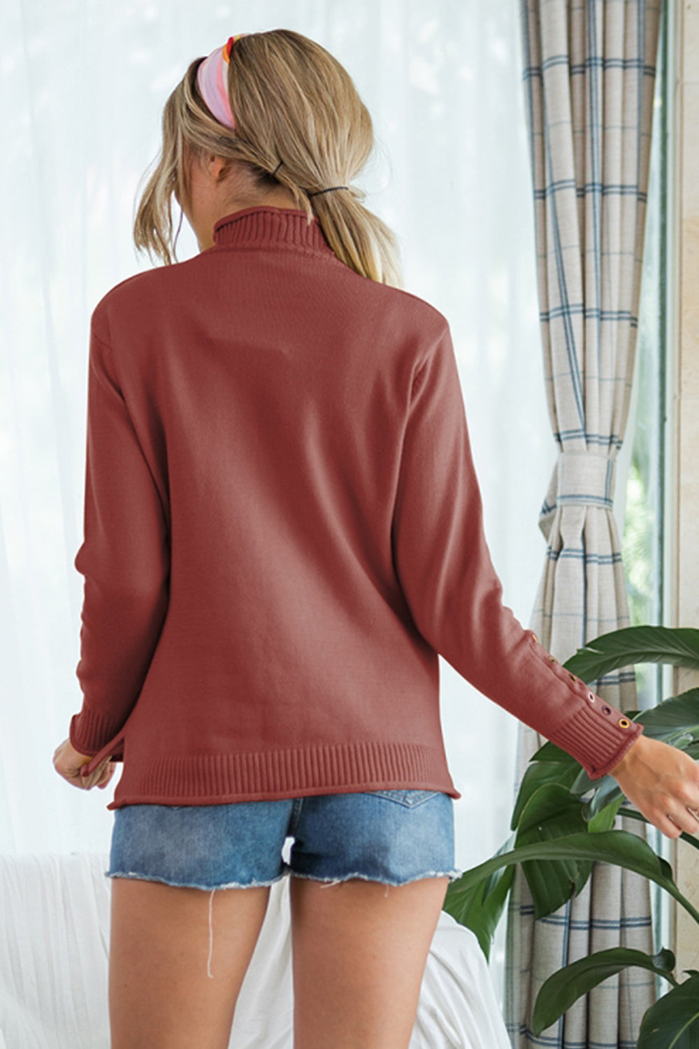 Dam Stickad Tröja Hög Krage Långa Ärmar Polyester-6