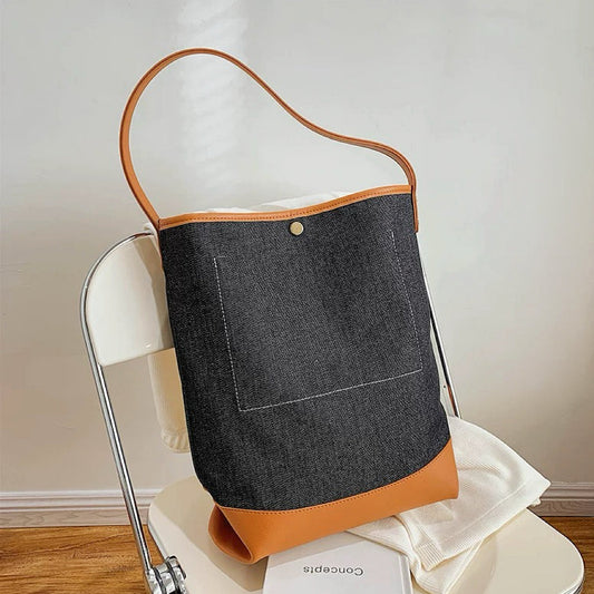 Handväska Dam i Denim med Lapptäckesdesign och Syntetiskt Läder-1