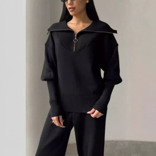 Dam Tvådelat Sportset Halvdragkedja Polyester med Elastisk Midja-1