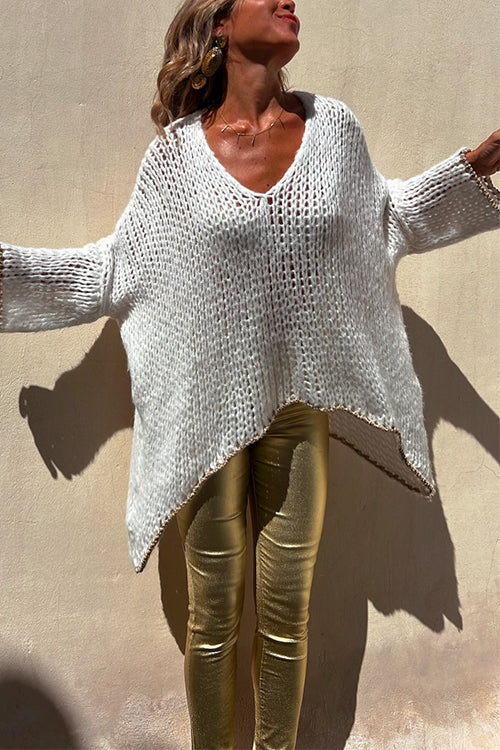 Dam Tröja V-ringning Dolmanärm Oregelbunden Design Bomull Polyester-4