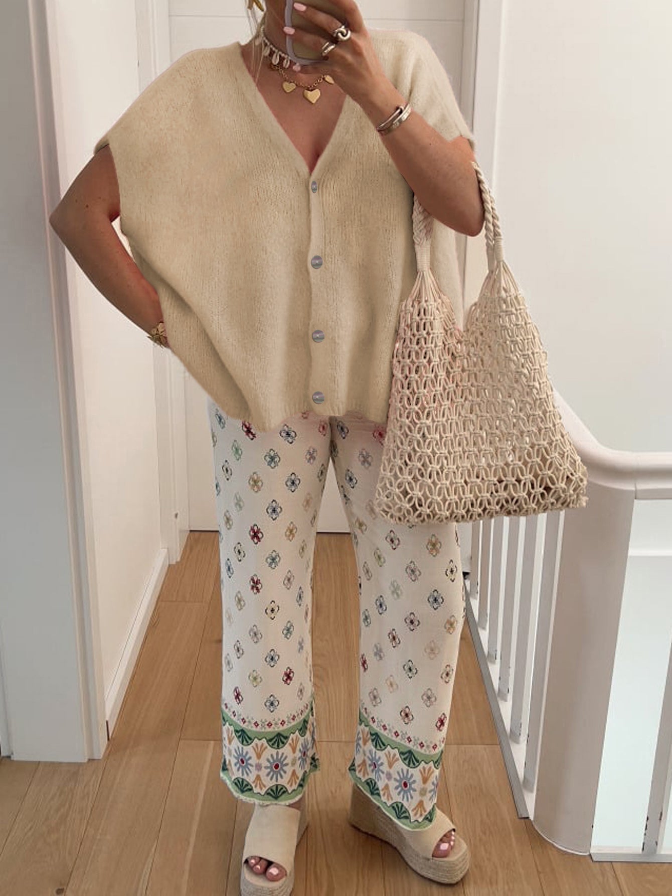 Dam Kortärmad Kofta V-ringning Polyester-2