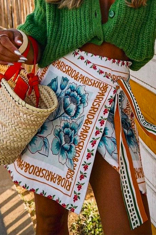 Dam Mini Kjol Blommönster Bindning i Midjan Bomull Polyester-1