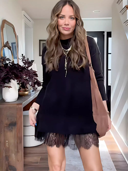 Dam Stickad Klänning med Elegant Toppkant och Graciös Silhuett-1