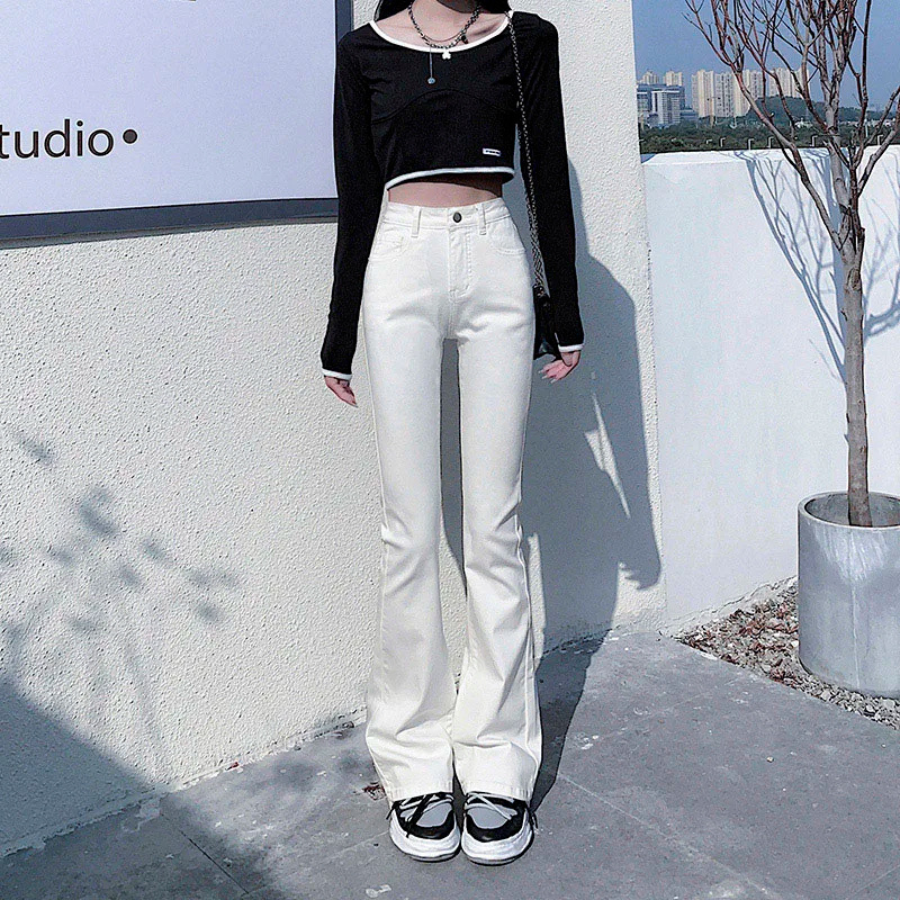 Dam Byxor Hög Midja Elastiska Snygga Byxor med Resår i Midjan 7