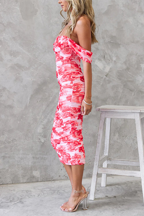 Fina Dam Klänningar Off Shoulder Blommig Midi Mesh Bomull Polyeter-4