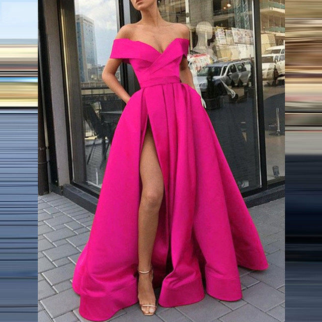 Variant image for Kvinnors Off-Shoulder Klänning Djup V-ringning Satin Kort Kjol-31