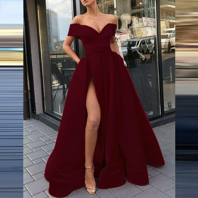 Variant image for Kvinnors Off-Shoulder Klänning Djup V-ringning Satin Kort Kjol-25