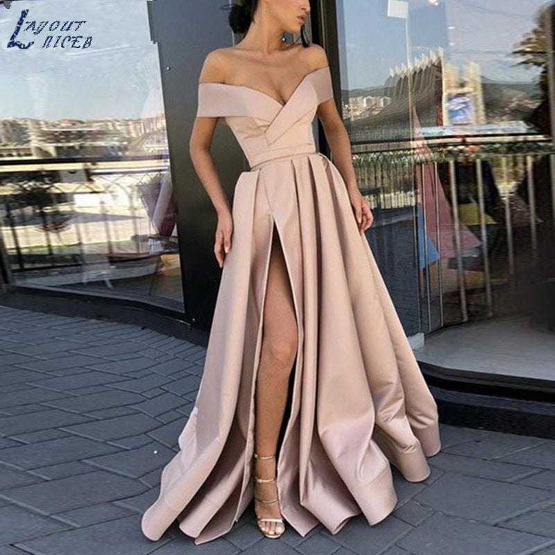Kvinnors Off-Shoulder Klänning Djup V-ringning Satin Kort Kjol-4