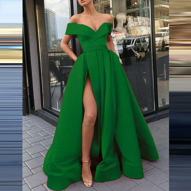 Variant image for Kvinnors Off-Shoulder Klänning Djup V-ringning Satin Kort Kjol-13