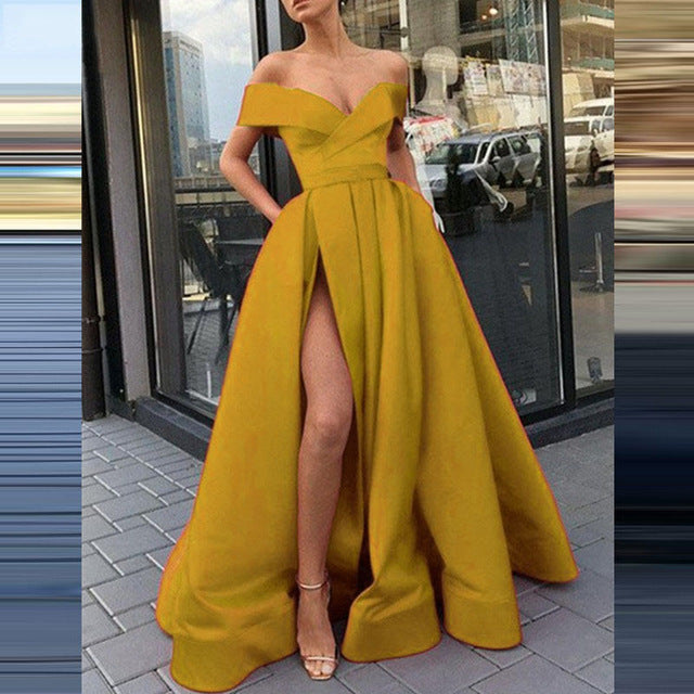 Variant image for Kvinnors Off-Shoulder Klänning Djup V-ringning Satin Kort Kjol-49