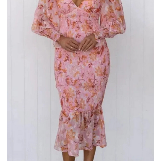 Midi Klänning för Kvinna med Blommönster i Rosa och Grön – Lätt Tyg, Normal Passform, S-XL 1