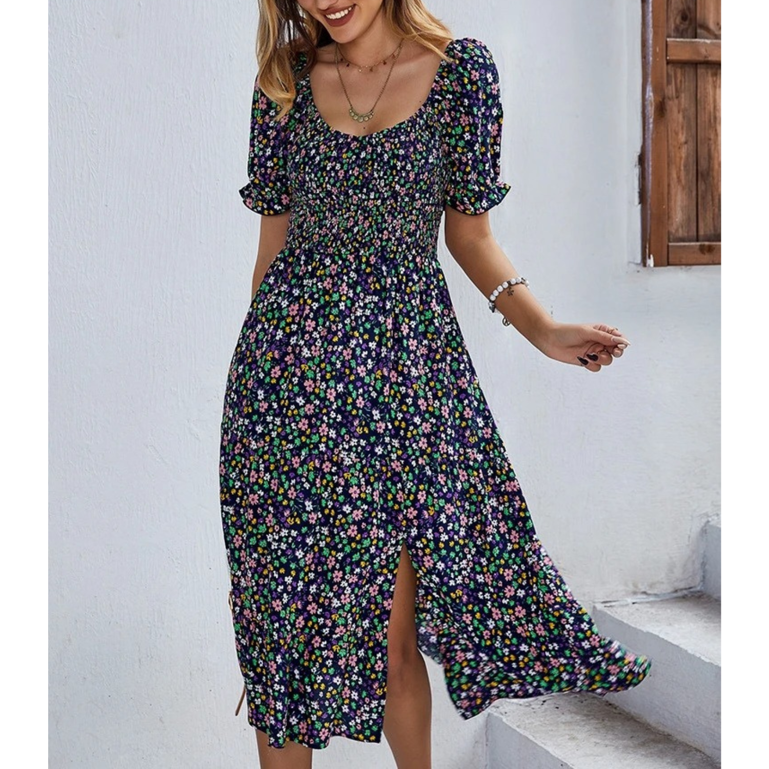 Sommarklänning Dam Elastisk Blå Mönster Rund Halsringning 2