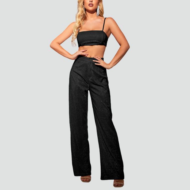 Damkläder Högmidjade Byxor och Glittrande Skördetopp i Mjukt Material-1